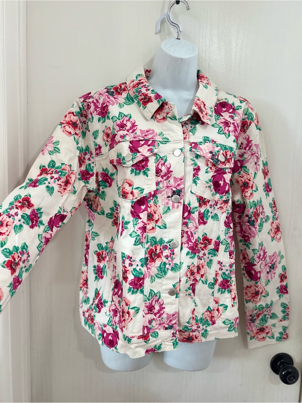 Kim Rogers Cream Floral Jean Jacket with Pink Roses